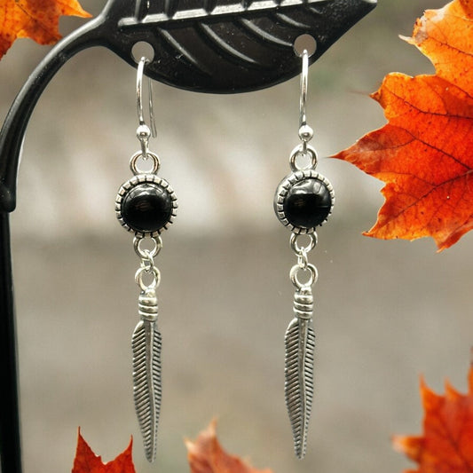 Black Onyx Feather Dangle Earrings