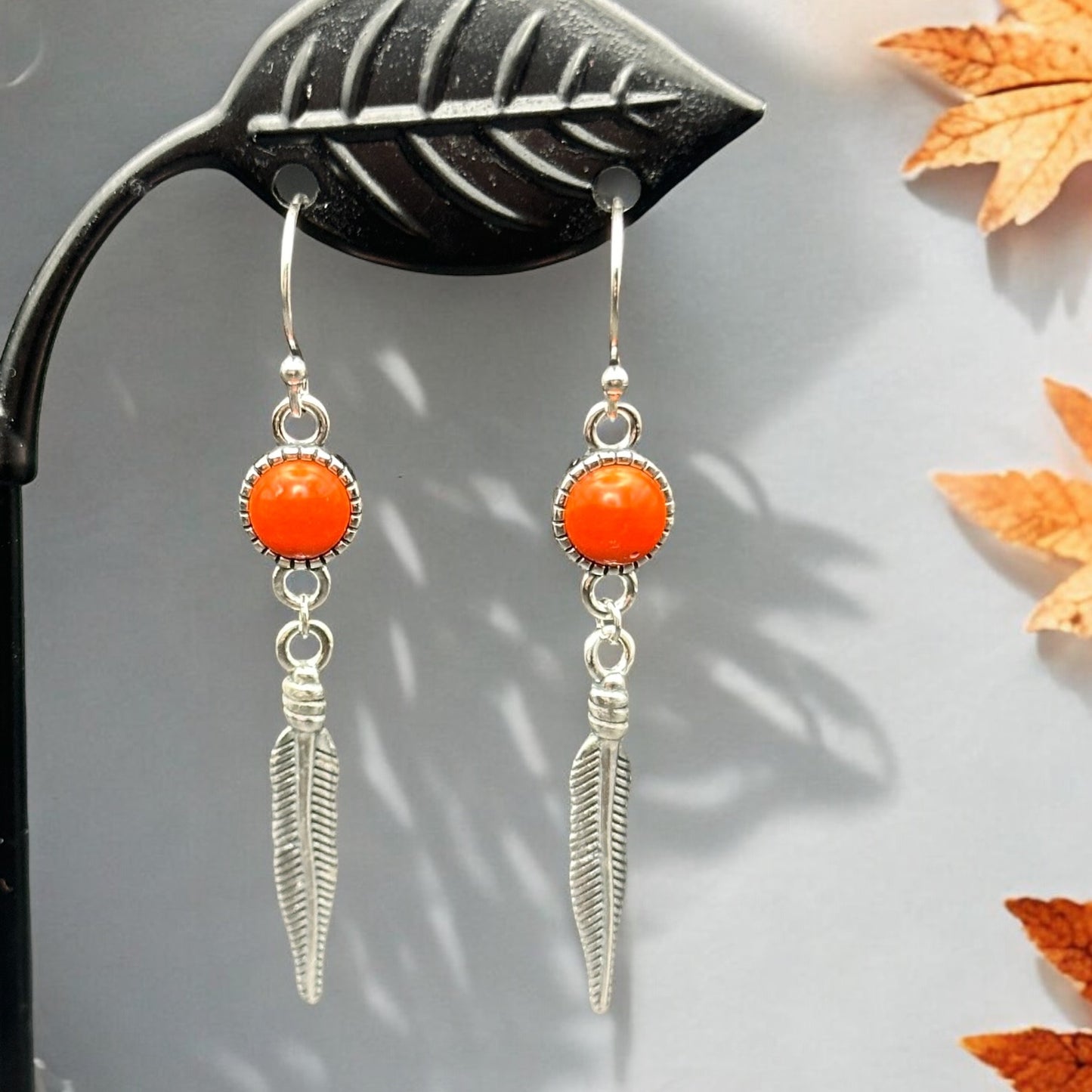 Coral Feather Dangle Earrings