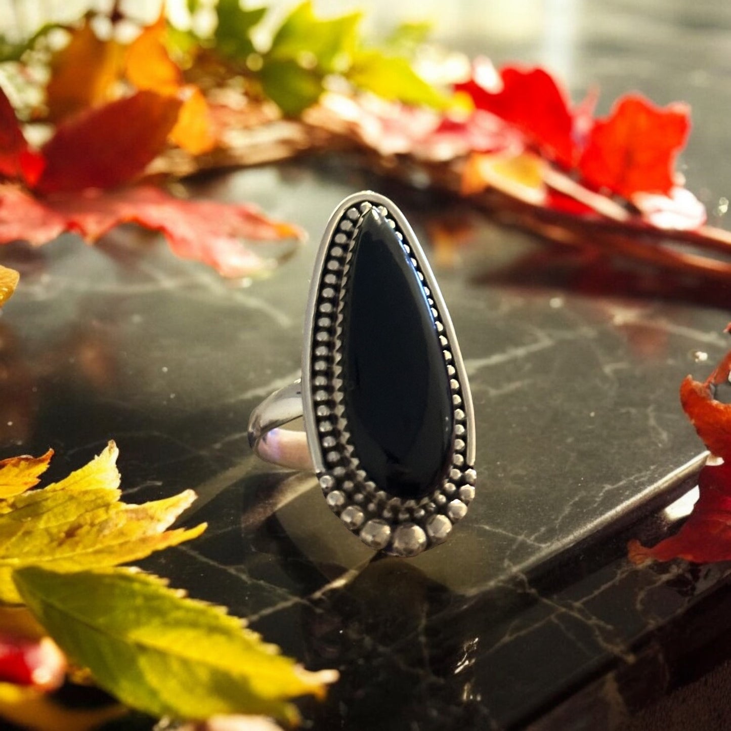 Black Onyx Teardrop Ring