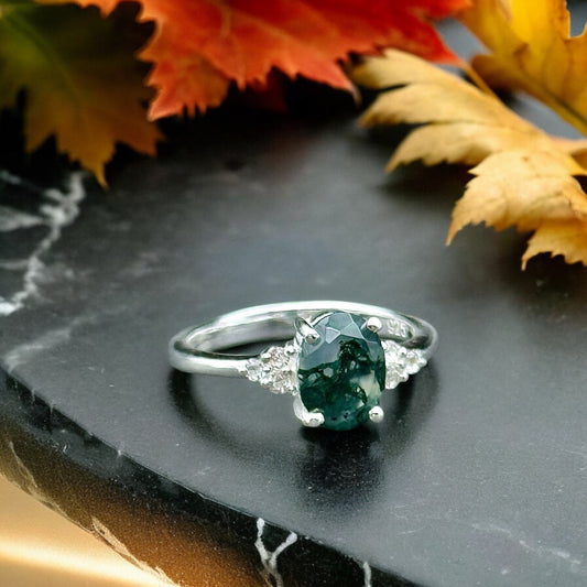 Moss Agate and White Topaz Oval Ring