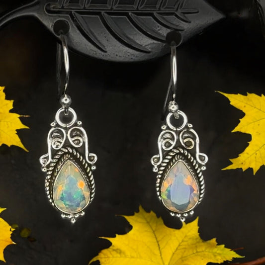 Ethiopian Opal Teardrop Scrollwork Earrings